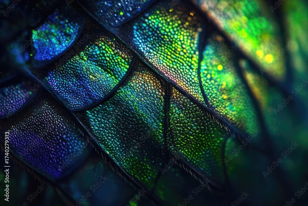 Obraz premium Macro shot revealing intricate, iridescent scales with a stunning gradient of shimmering blue and green, showcasing nature's vibrant beauty.
