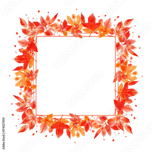 Square frame of red and orange autumn leaves isolated on a transparent background fall