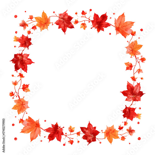 Square frame of red and orange maple leaves and berries isolated on a transparent background