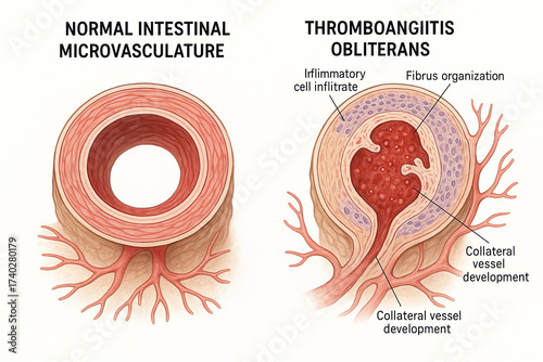 Medical illustration comparing normal intestinal microvasculature with thromboangiitis obliterans, showing cellular infiltrate and fibrous organization.