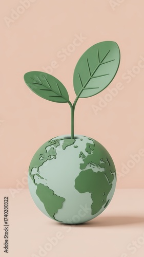 Minimal eco concept of green Earth globe with sprouting leaves on pastel background