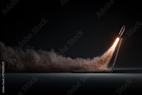 Laptop launches into space.  A laptop computer is depicted in a dark, dramatic scene. A rocket erupts from its screen, generating a trail of smoke.  The image evokes innovation and digital advancement