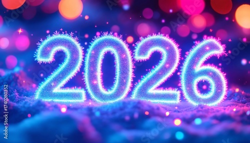 Glowing neon 2026 numbers on snow with colorful bokeh lights and festive winter atmosphere