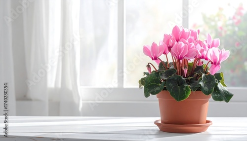 Pink cyclamen plant in a terracotta pot on a white table near window
