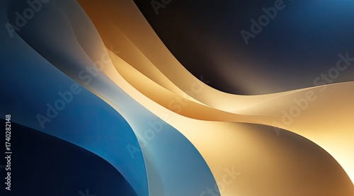Abstract, flowing forms of gold and blue merge in a dynamic design