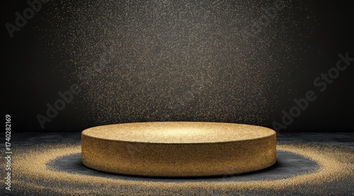 Gold circular podium on dark background with golden glitter