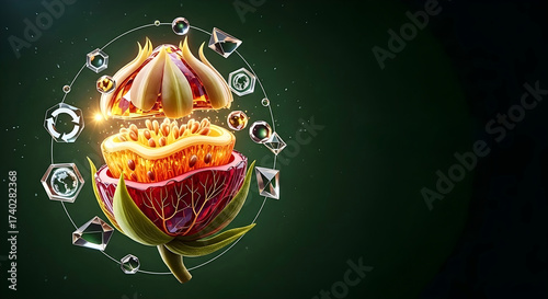 Crystalline fruit transformation with glowing ruby and amber pulp, floating nutrient shards, and forest-green backdrop.