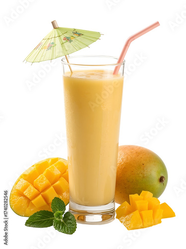 Tall glass of yellow mango smoothie with fresh mango fruit and mint isolated on a transparent background