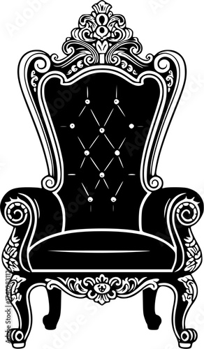 Royal Throne in Black and White: Ornate illustration of a regal throne set on a white background 