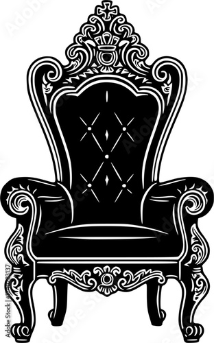 Royal Throne in Black and White: Ornate illustration of a regal throne set on a white background 