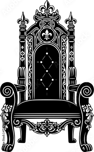 Royal Throne in Black and White: Ornate illustration of a regal throne set on a white background 