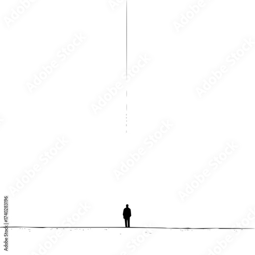 A lone figure stands on a horizon line beneath a faint vertical light source in a minimalist landscape
