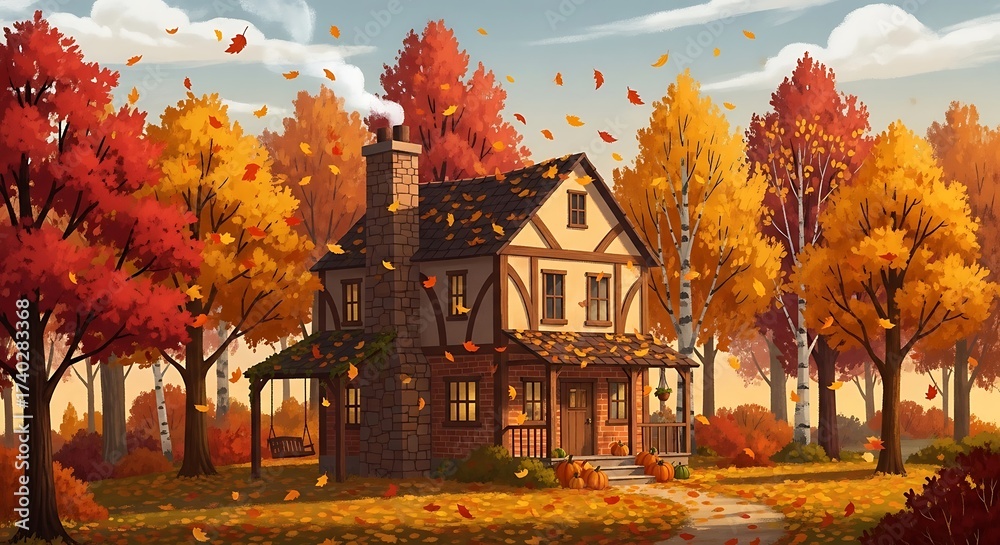Obraz premium Cozy Autumn Cottage Surrounded by Vibrant Fall Foliage and Falling Leaves.