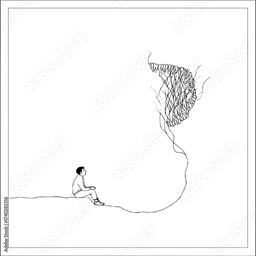 A person sits facing a large, menacing mouth with sharp teeth and stringy tendrils in a stark illustration