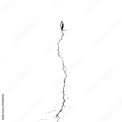 A lone figure stands at the edge of a long crack in the ground in a stark black and white landscape