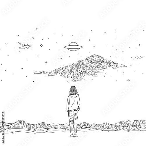 A person stands facing a landscape with ufo, spaceship, stars, and a cloud formation in a line drawing