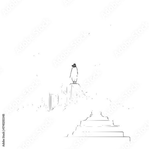 A lone figure stands atop a minimalist cityscape viewed from a staircase in black and white outline style