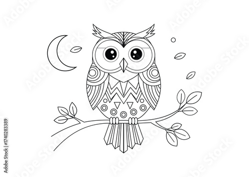 Whimsical owl illustration with moon and leaves