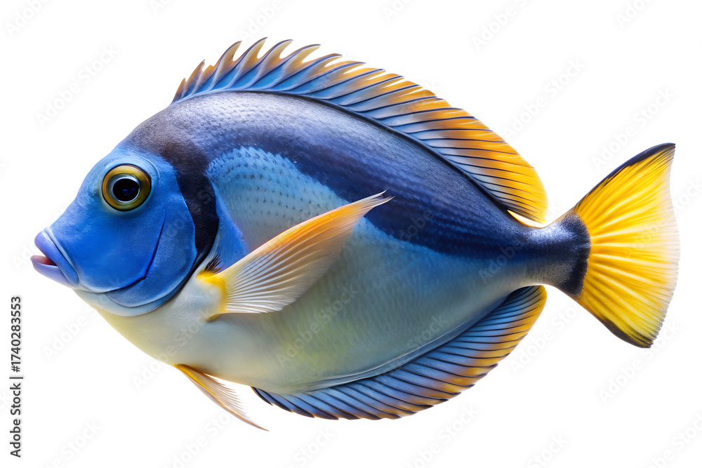 Naklejka premium Vibrant blue and yellow tropical fish with striking patterns isolated on transparent background