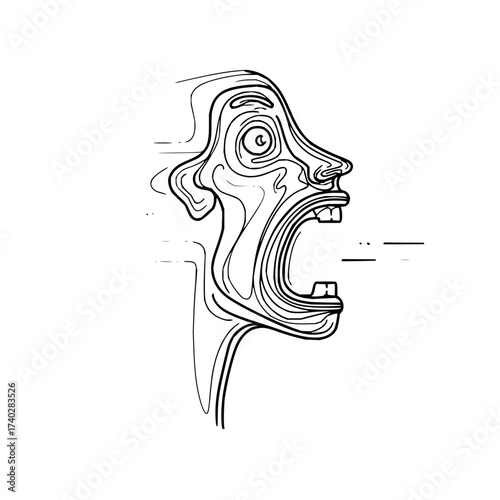 Stylized line art depiction of a screaming face in profile with abstract facial features shown clearly