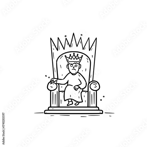 A grumpy king with a crown sitting on an ornate throne with a displeased expression on his face now