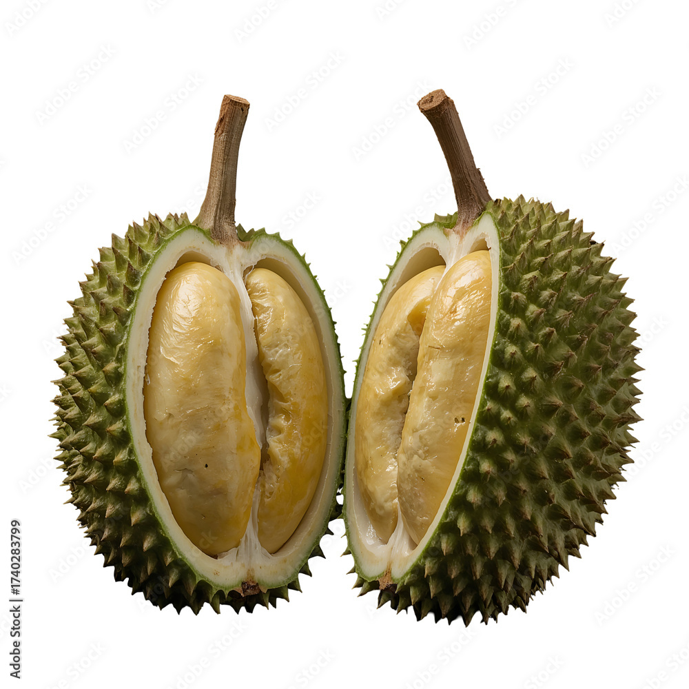 Obraz premium Two halves of a ripe durian fruit with creamy yellow flesh isolated on a transparent background