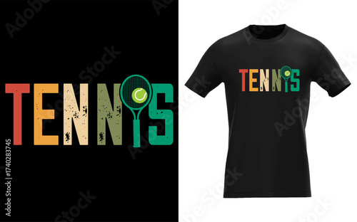 Retro tennis graphic design with racket and ball on black background and t shirt mockup