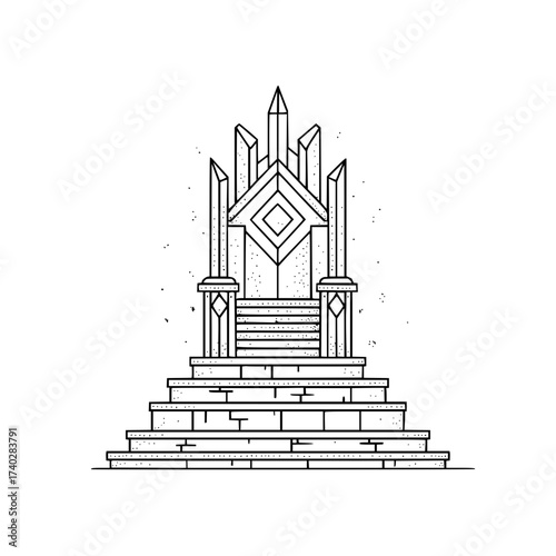 Illustration of an ornate throne with geometric details and a stepped base in black and white style