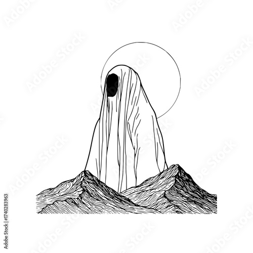 A drawing of a figure draped in white fabric standing atop mountains with a halo behind its head