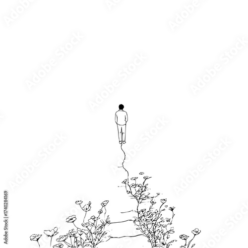 A lone figure stands at the edge of a floral precipice, gazing out into a vast, empty, white expanse ahead of him