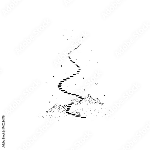 A path of stepping stones leading from mountains up into a starry sky illustration in black and white