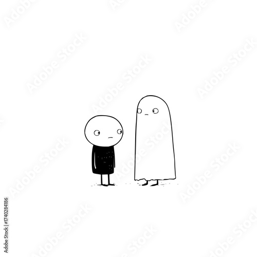 A simple drawing of a person in black standing next to a ghost with a slightly concerned expression on their faces