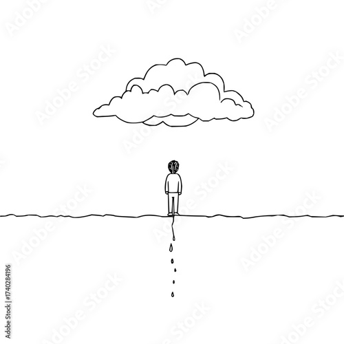 A solitary figure stands beneath a cloud with raindrops falling in a minimalist black and white drawing style