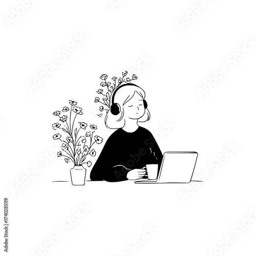 Illustration of a woman with headphones working on a laptop with flowers and a coffee cup nearby