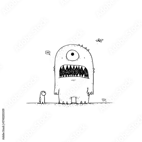 A cartoon illustration featuring a large one eyed monster with sharp teeth and a smaller character nearby