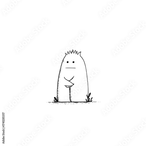 A cartoonish drawing of a tall white monster with a stern face and crossed arms standing in grass