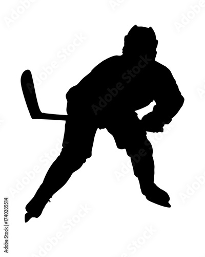 Ice hockey player silhouette dribbling puck with stick