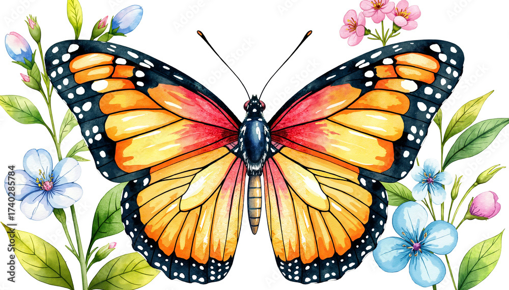 Fototapeta premium Colorful butterfly surrounded by flowers in a vibrant botanical scene 