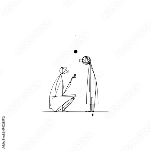 Geometric proposal scene depicting a kneeling figure offering a ring to a standing figure in black and white