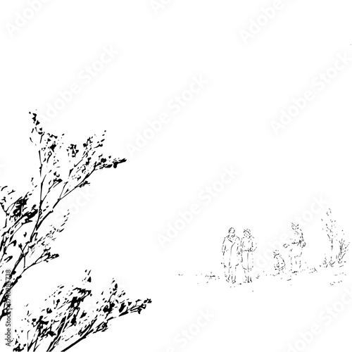 A black and white sketch of a group of people with a dog near some trees and branches in the distance