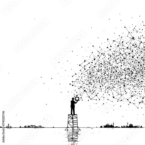 Silhouette of a man on a ladder holding a television with a network of lines emanating from it