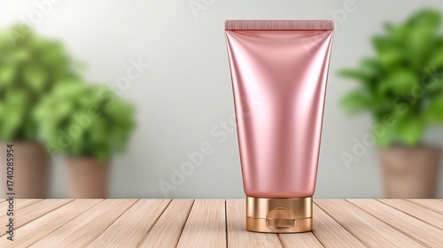 A rose gold tube of cosmetic product sits on a light wooden surface, with out-of-focus greenery in the background