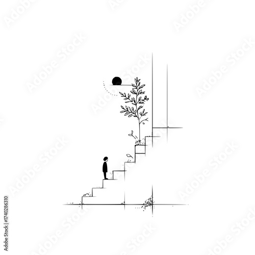 A person standing on stairs with a plant growing up the side leading to a dark opening above them all