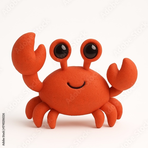 Cute 3D cartoon crab with big eyes and smile, isolated character on white background
