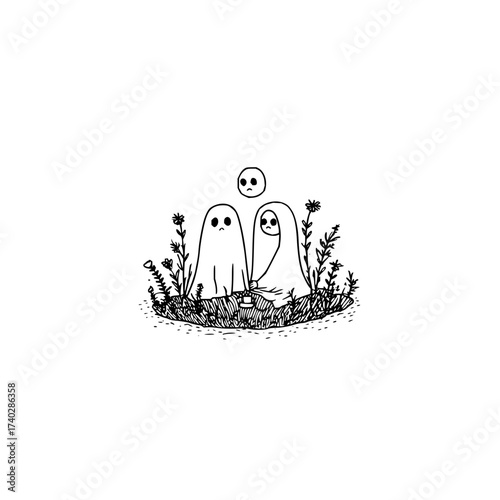 Two ghosts sitting in a field of flowers with a floating ghost head above them in black and white style
