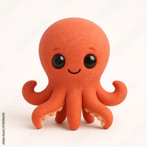 3D cute orange octopus character, clay style sea animal on white background