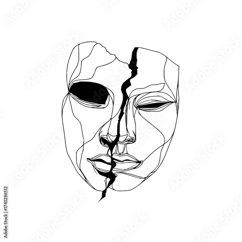 Line art depiction of a fractured face with a prominent crack running vertically through the center face