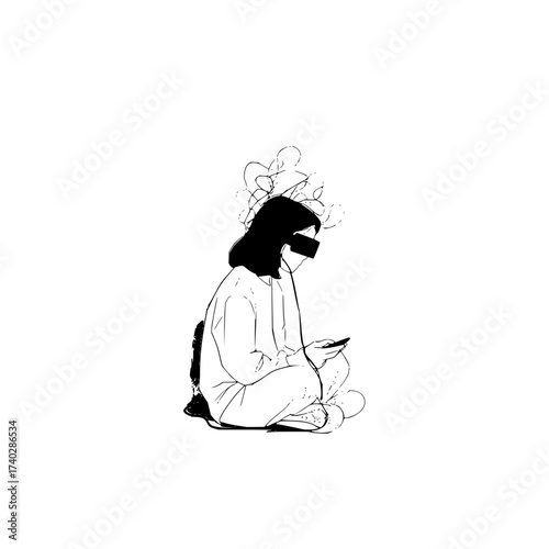 Illustration of a seated woman with a phone and headphones in black and white minimalist style art