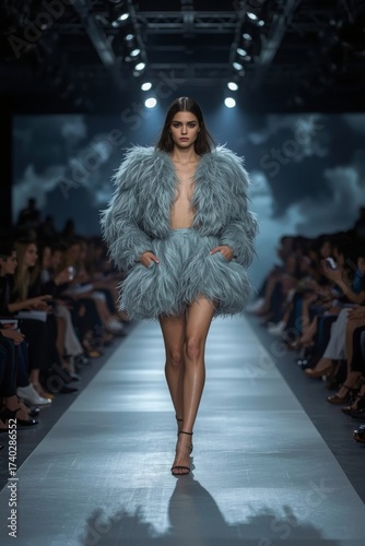 Hispanic Female Model in Teal Feathered Couture Jacket Dress on Runway. Latin Beauty
