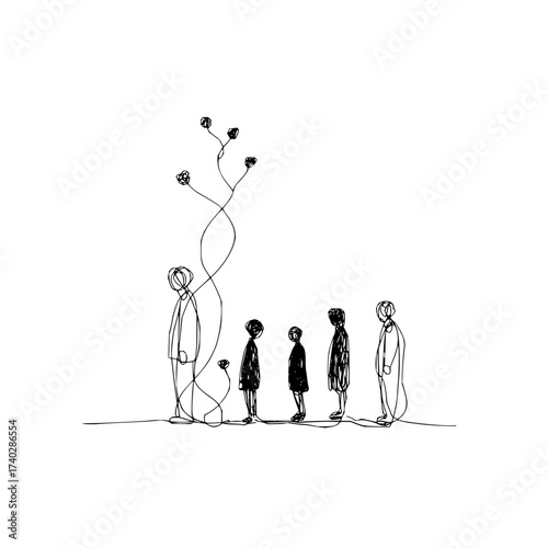 A sketch of five figures standing in a line with a plant growing around the first person reaching up high